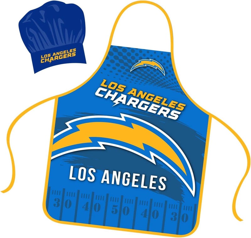Mojo Licensing Los Angeles Chargers Apron Chef Hat Set Full Color Universal Size Tie Back Grilling Tailgate BBQ Cooking Host - Image 1